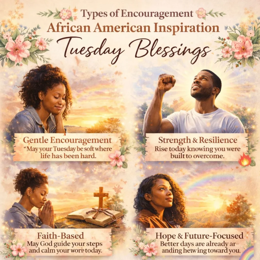 Types of encouragement African American inspiration Tuesday blessings with prayer, strength, faith and hope scenes