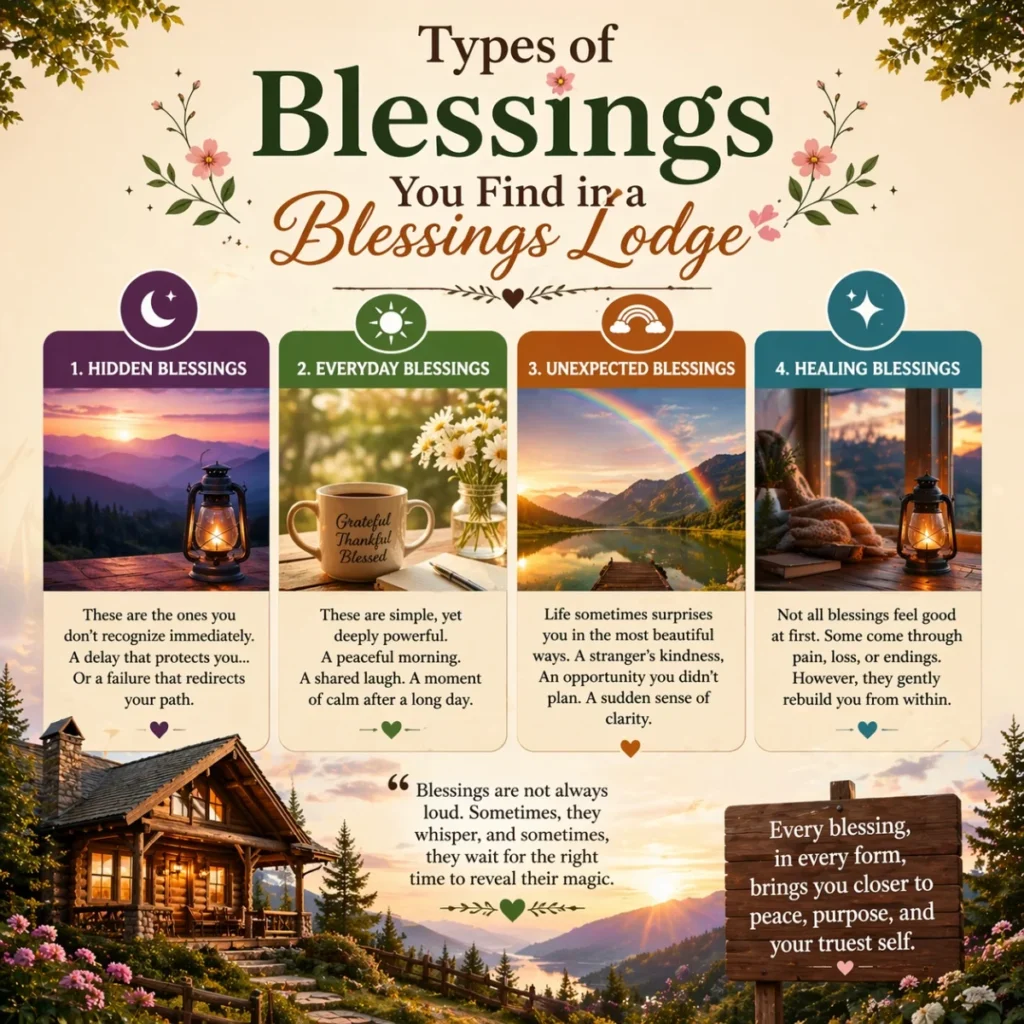 types of blessings in blessings lodge illustrated with nature elements light flowers and peaceful symbols