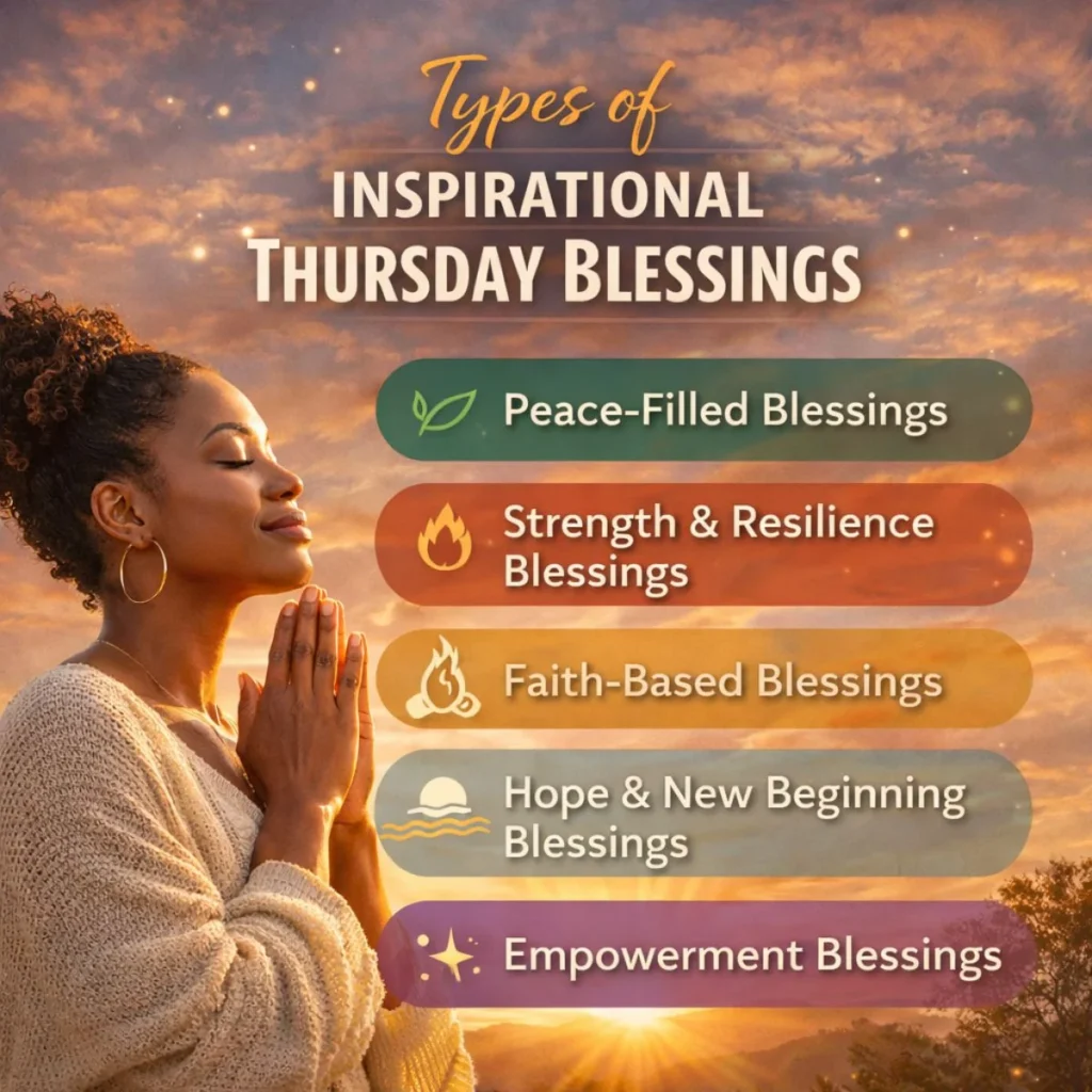Types of inspirational African American Thursday blessings with praying woman at sunrise showing peace, strength, and faith
