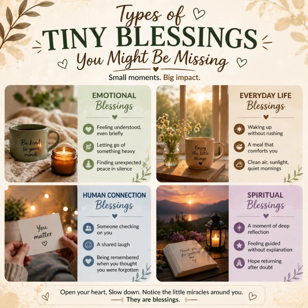 types of tiny blessings owasso infographic showing emotional everyday human and spiritual moments of peace