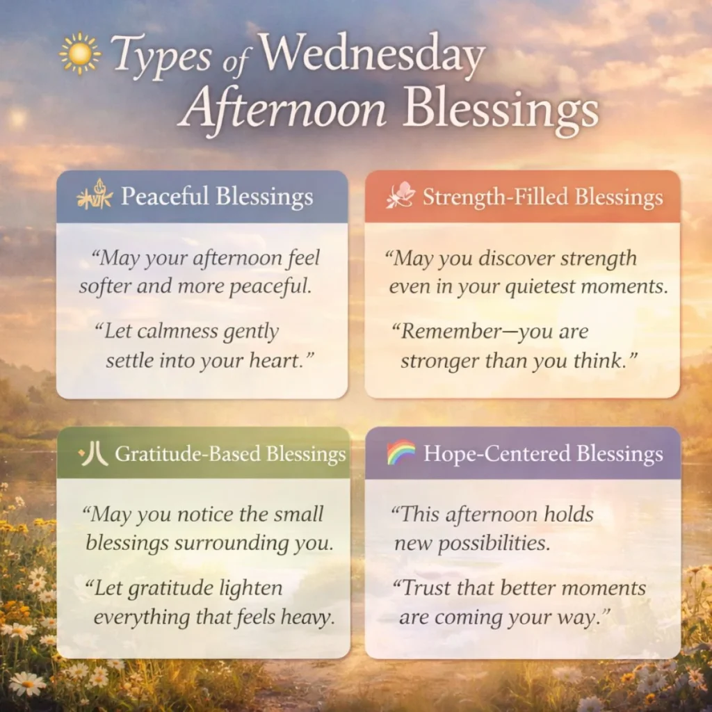 Types of Wednesday afternoon blessings infographic showing peaceful, strength, gratitude, and hope messages with sunset background