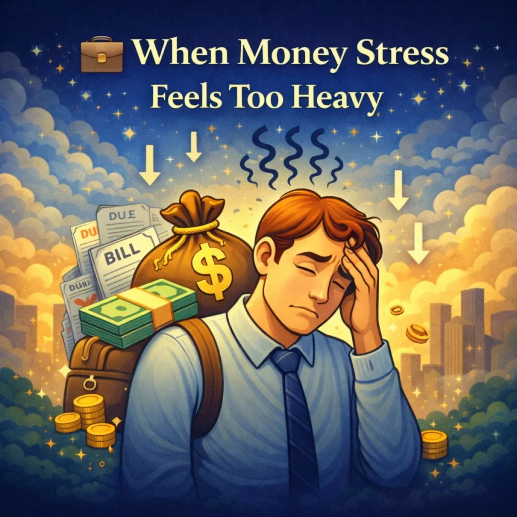 man feeling overwhelmed by money stress with bills debt and financial burden illustration