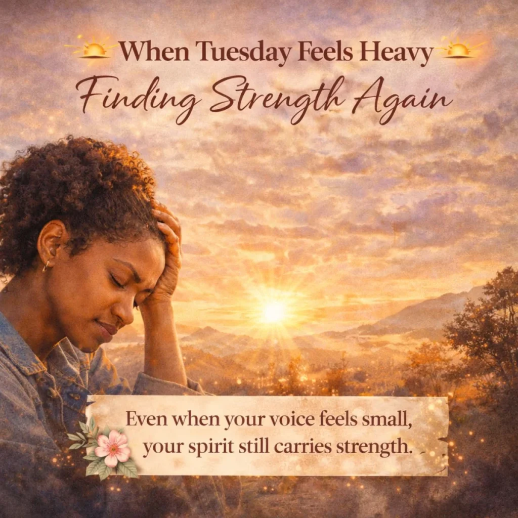 African American woman stressed at sunrise with Tuesday blessings for strength, encouragement and hope