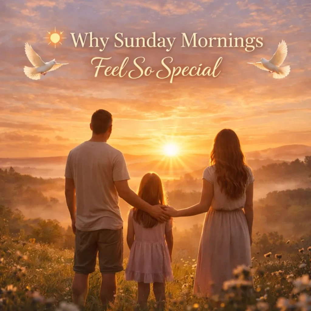 Family enjoying peaceful Sunday morning sunrise with warm sunlight and emotional connection