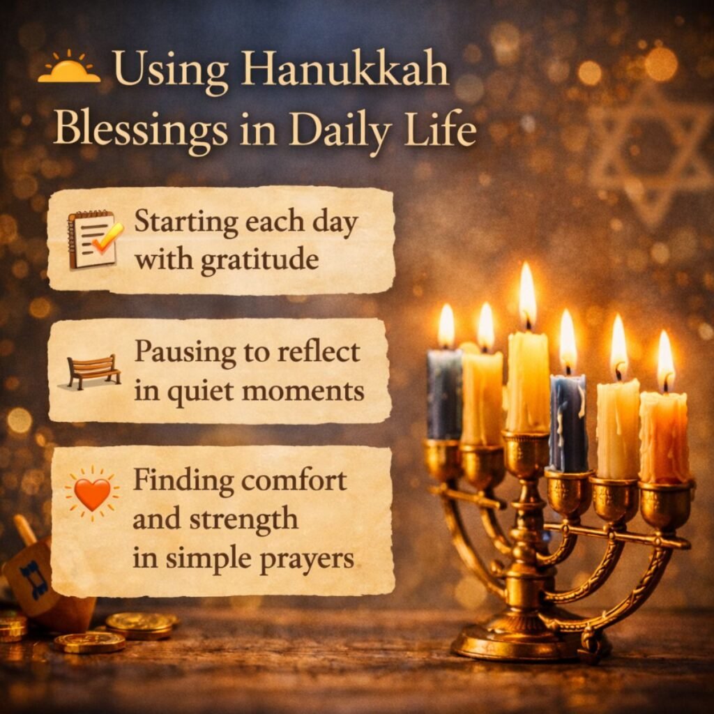 Using Hanukkah blessings in daily life with glowing menorah candles and messages of gratitude, reflection, and prayer