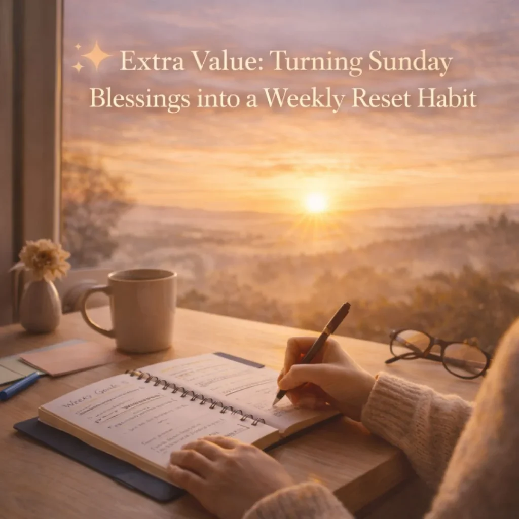 Person writing weekly goals in planner on Sunday morning with coffee and sunrise view