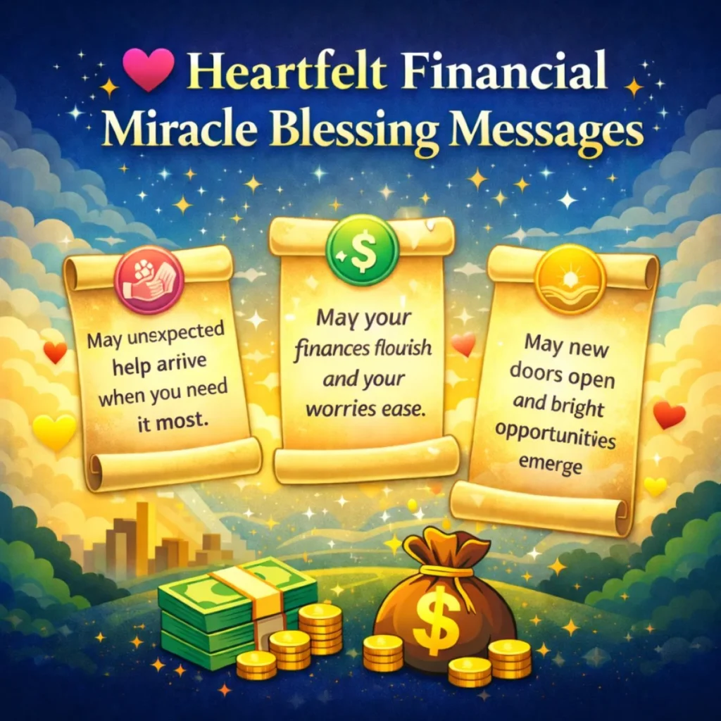 heartfelt financial miracle blessing messages with prayer scrolls money and abundance symbols illustration