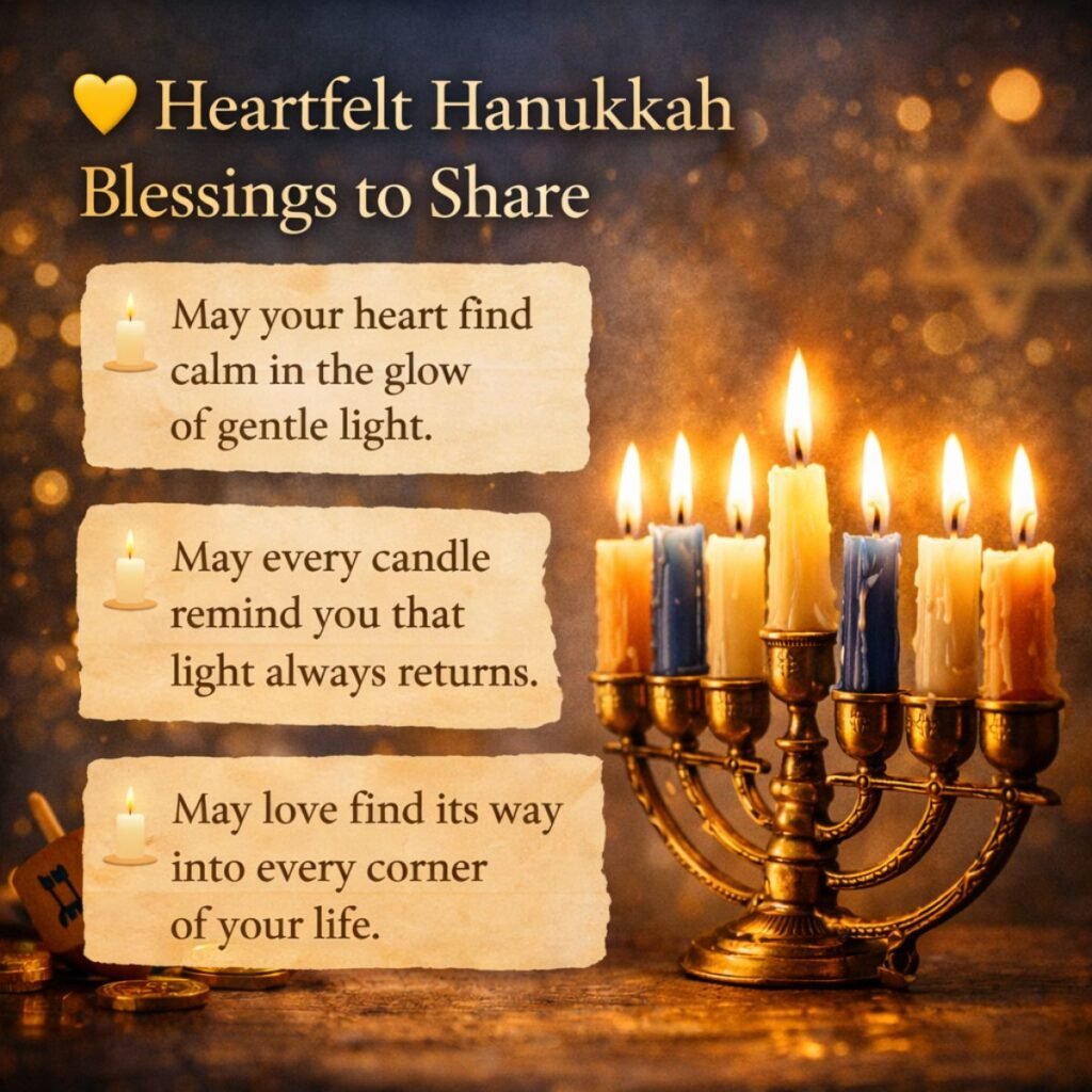 Heartfelt Hanukkah blessings with glowing menorah candles and inspirational messages about peace, hope, and love