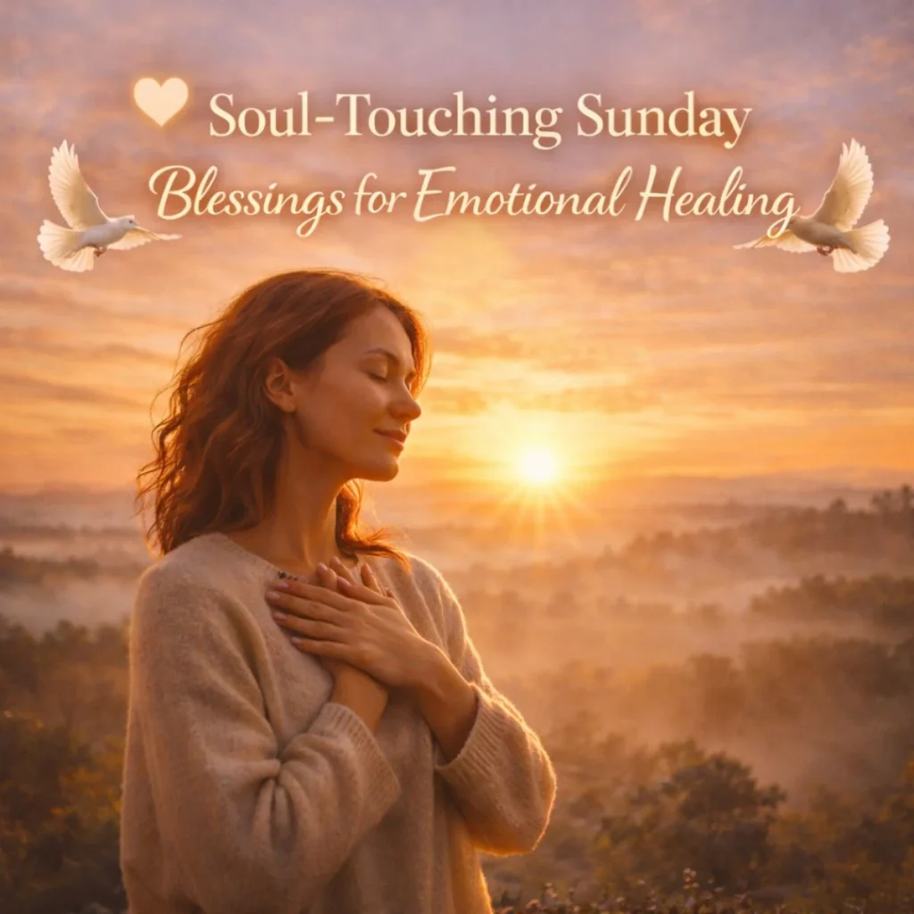 Woman feeling emotional healing with hands on heart during peaceful Sunday sunrise with warm light