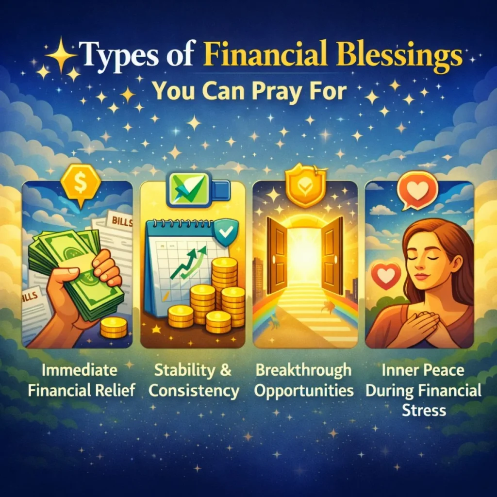 Types of financial blessings you can pray for including relief, stability, opportunities, and inner peace illustration
