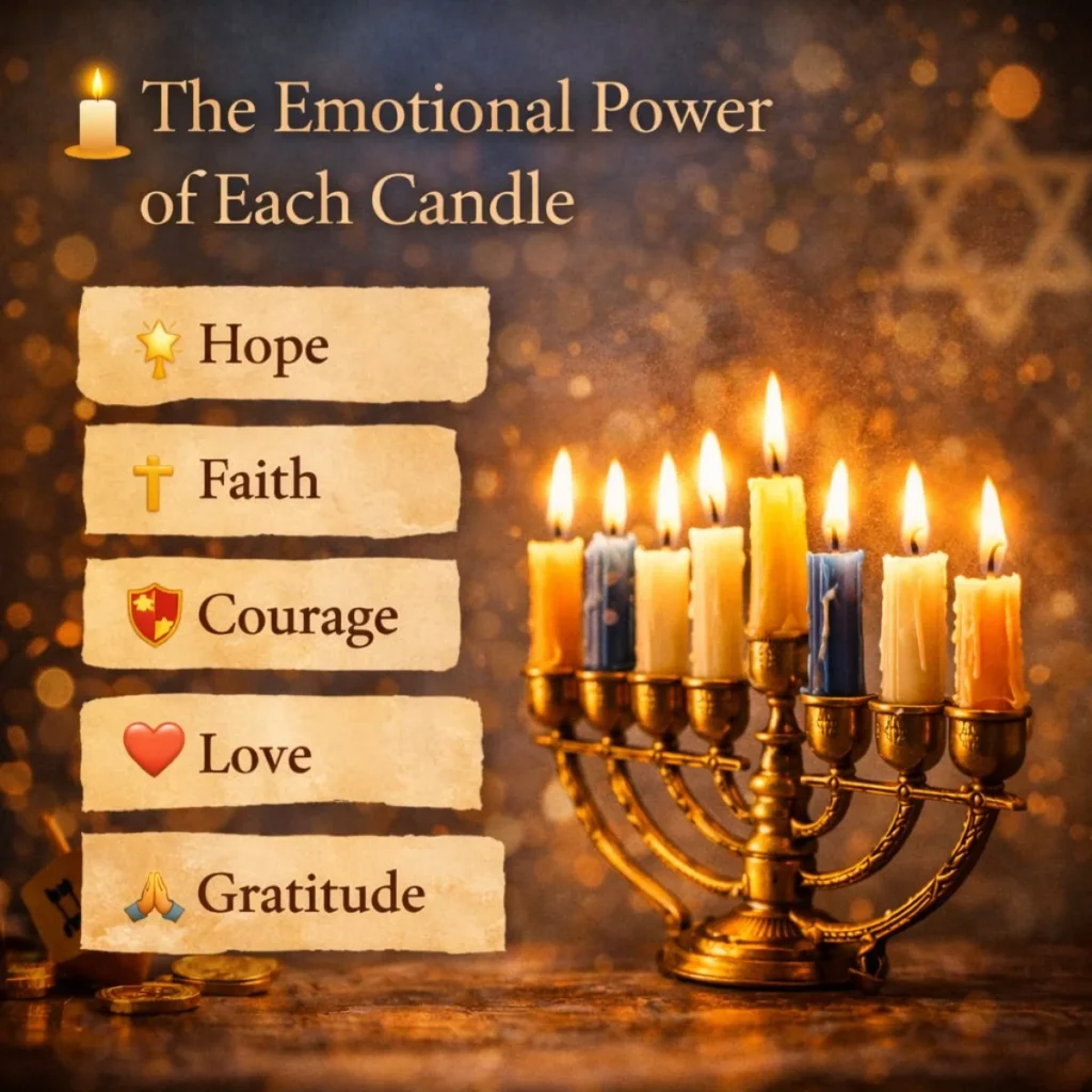 Hanukkah menorah candles representing emotional meanings like hope, faith, courage, love, and gratitude