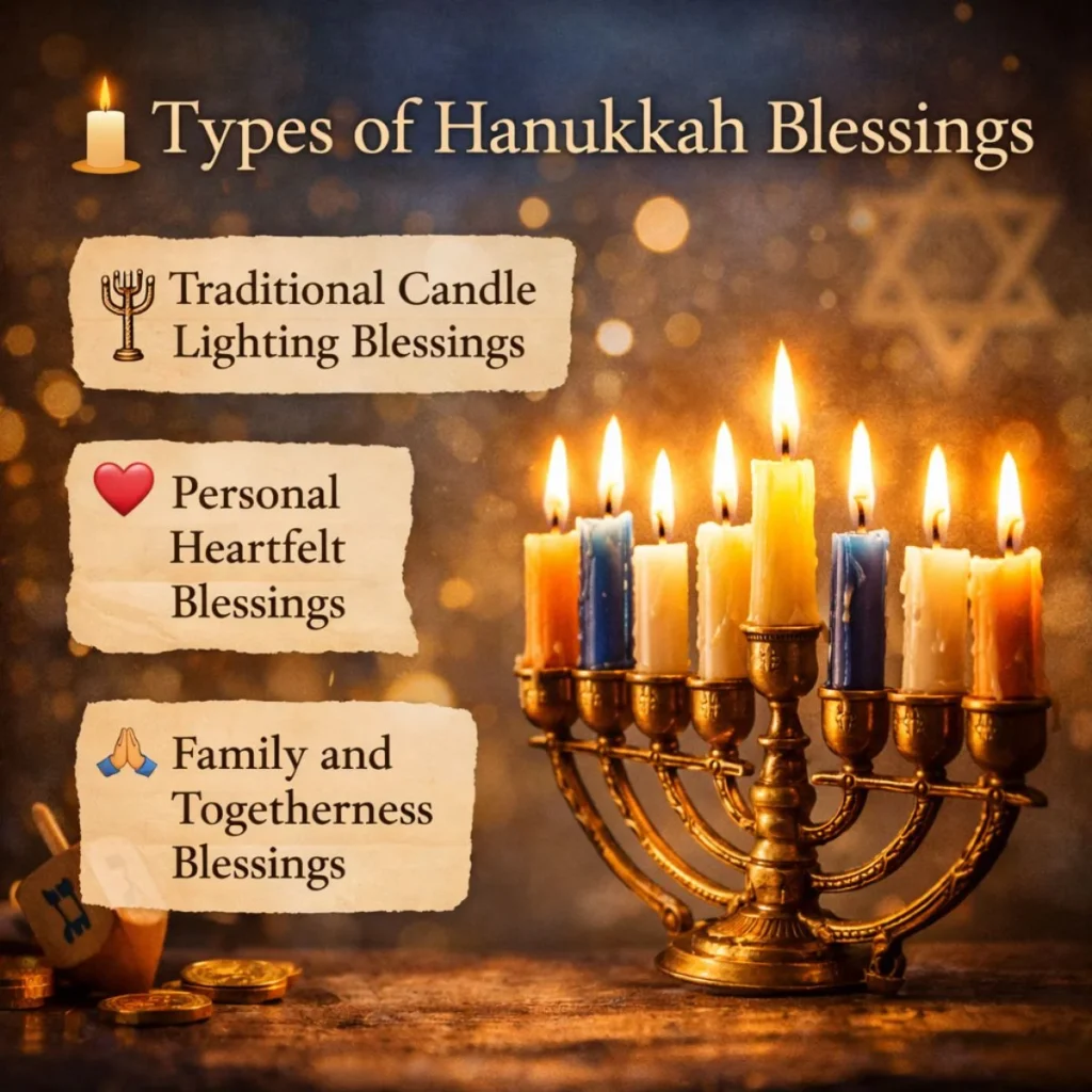 Types of Hanukkah blessings illustrated with menorah candles, including traditional, personal, and family blessings