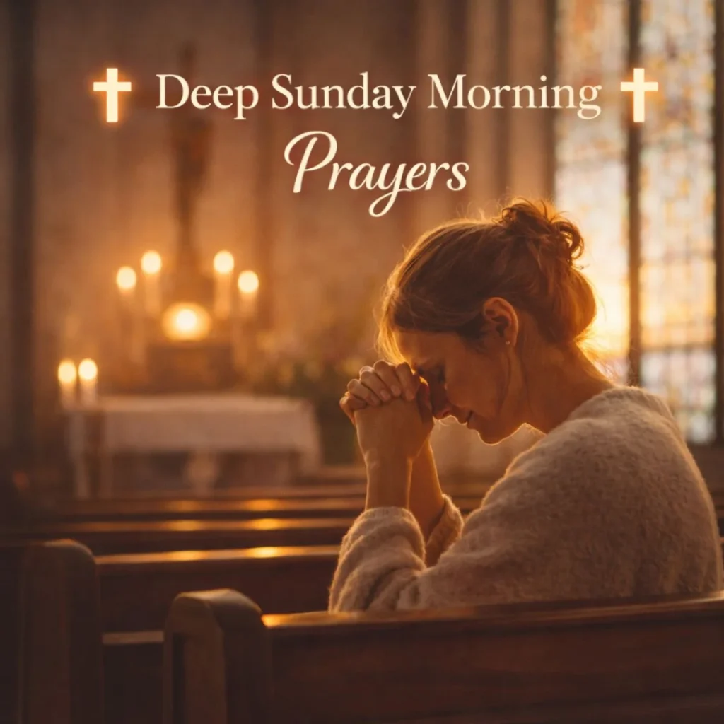 Woman praying in church on Sunday morning with warm light and peaceful spiritual atmosphere