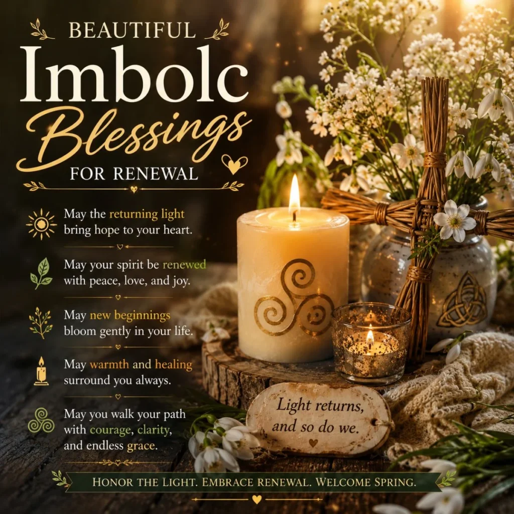Beautiful Imbolc blessings image with glowing candles, flowers, and spiritual symbols of renewal and hope