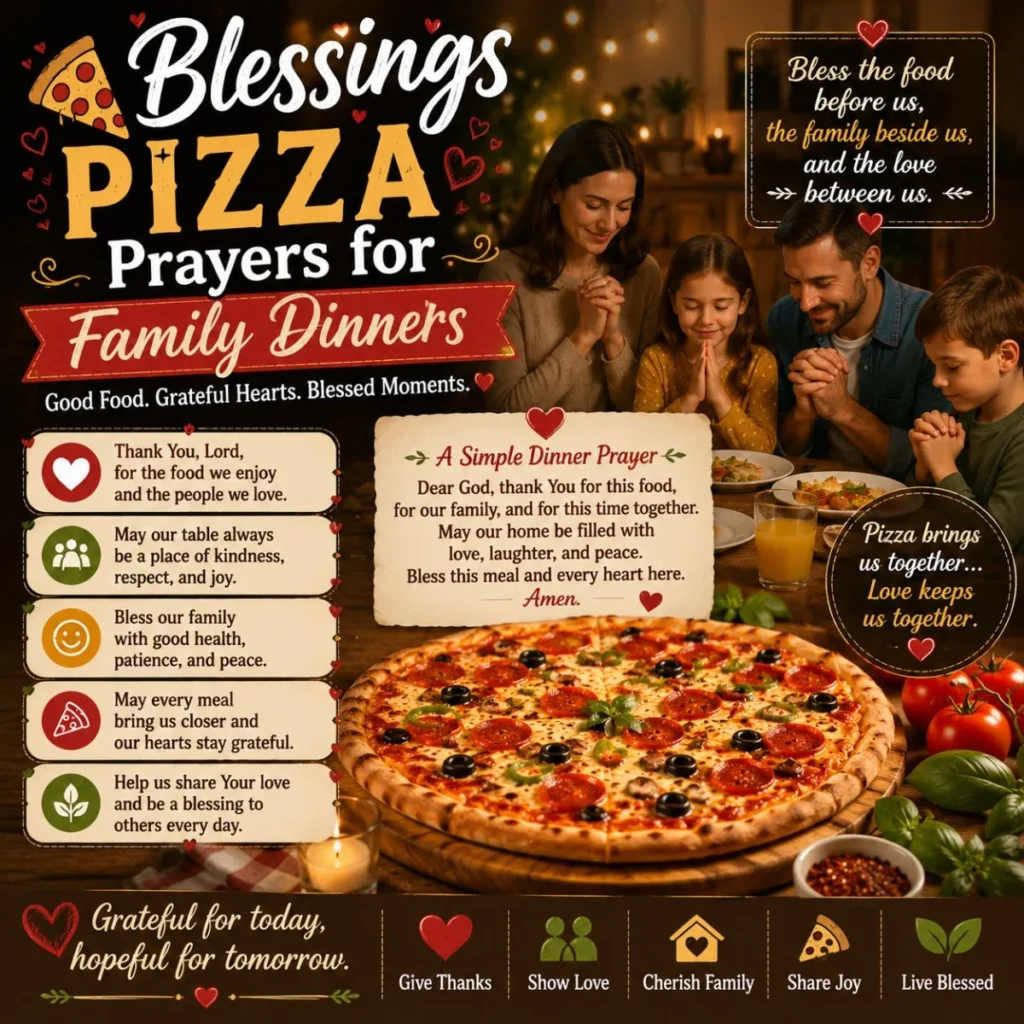 Blessings pizza prayers image with family dinner, heartfelt meal blessings, and cozy spiritual gathering