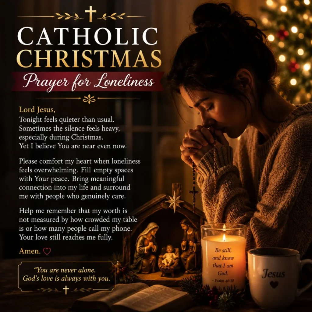 Catholic Christmas prayer for loneliness with woman praying alone beside candles and glowing Christmas lights