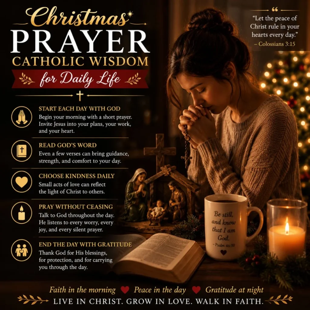 Catholic Christmas prayer wisdom image with woman praying beside Bible, candles, and nativity scene