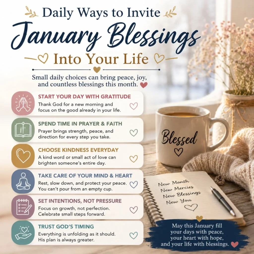 Daily ways to invite January blessings with peaceful morning coffee, prayer reminders, and cozy winter inspiration