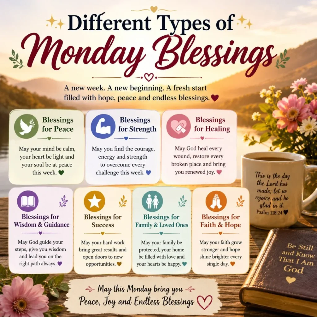 Different types of Monday blessings with peaceful sunrise, spiritual quotes, coffee mug, and inspirational messages