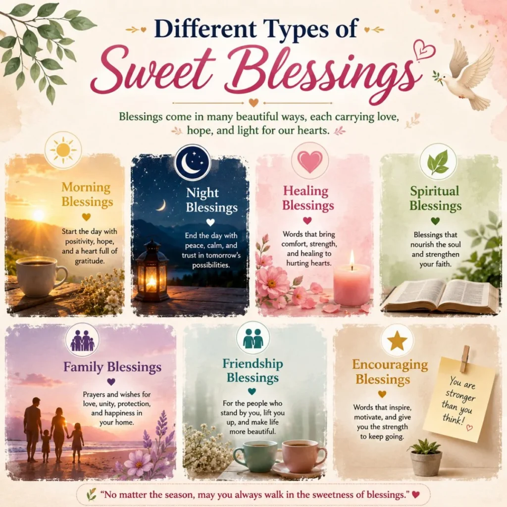 Different types of sweet blessings infographic with morning, healing, family, friendship, and spiritual blessings