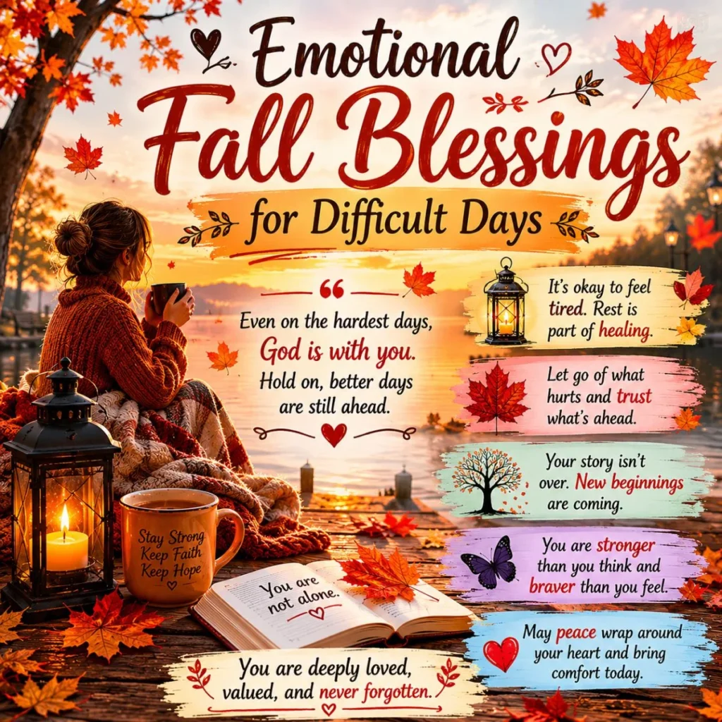 Emotional fall blessings image with autumn leaves, cozy lantern, coffee mug, and comforting seasonal quotes