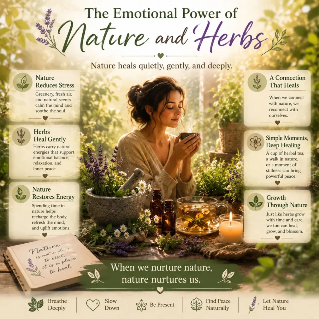 Nature and herbs wellness image with lavender, herbal tea, greenery, and calming sunlight for emotional healing