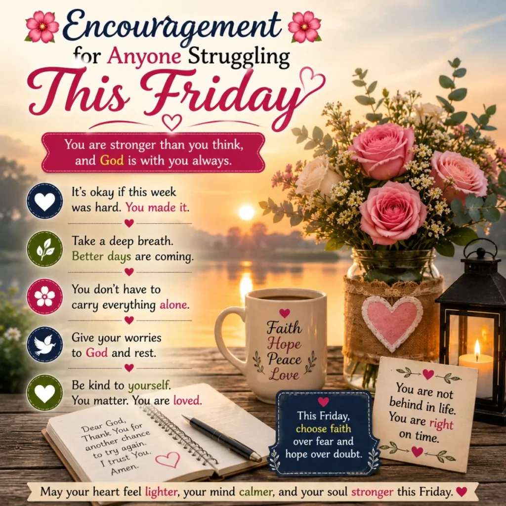 Encouraging Friday blessings image with sunrise, flowers, faith quotes, and peaceful messages for emotional strength