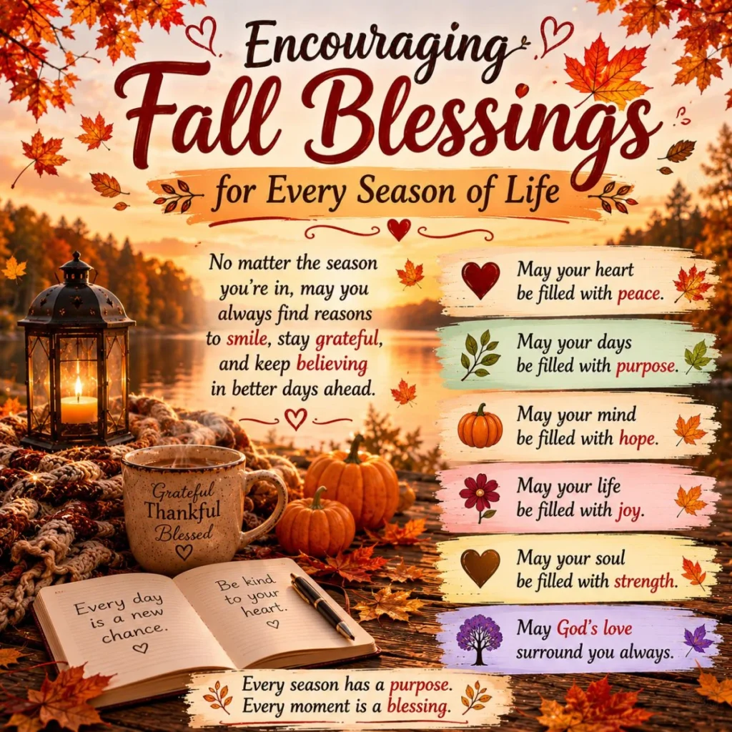Encouraging fall blessings image with autumn leaves, warm lights, peaceful nature, and inspirational quotes