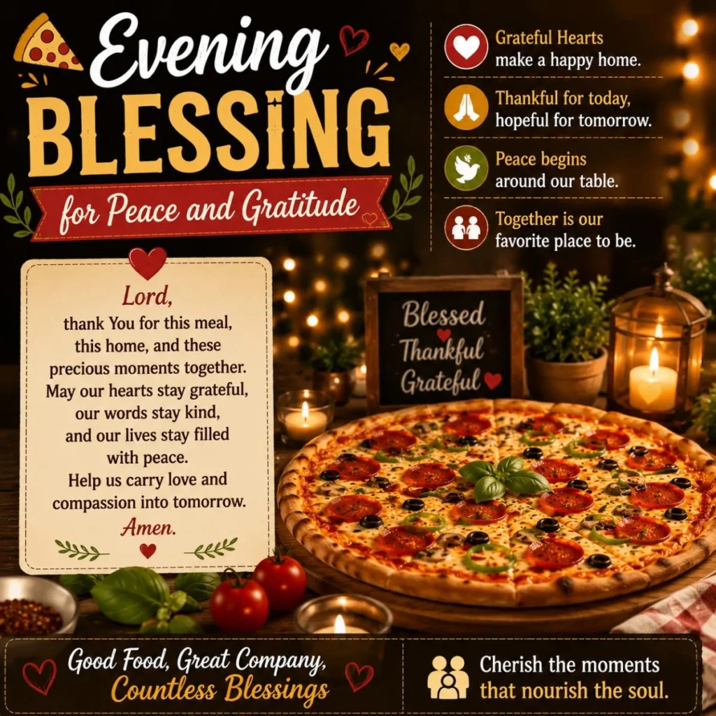 Evening blessing for peace and gratitude with cozy pizza dinner, candles, and heartfelt prayer message