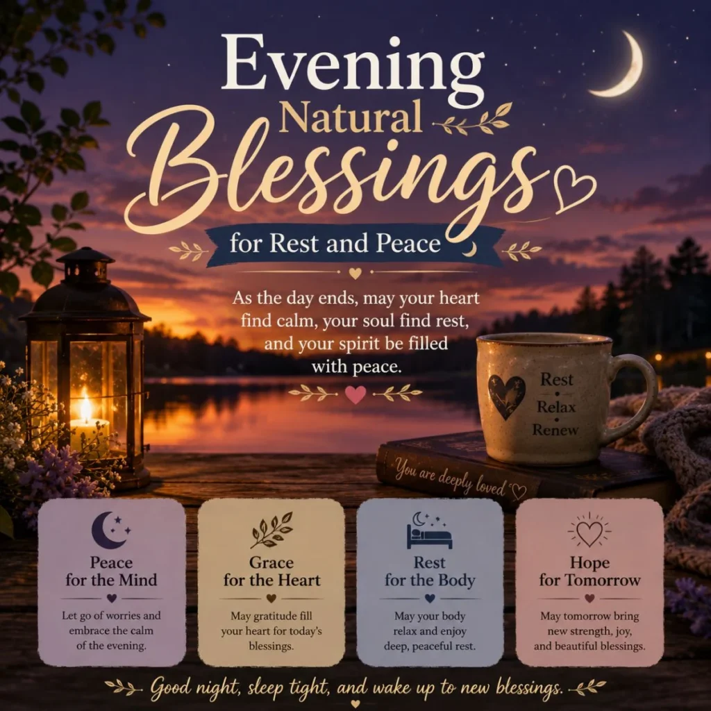 Evening natural blessings for rest and peace with calming moonlight, lantern glow, and inspirational night quotes