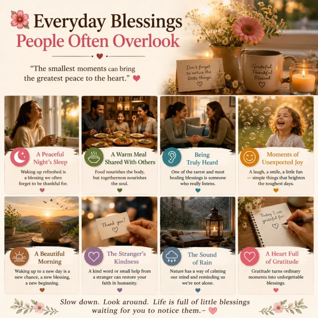 Everyday blessings people often overlook including peaceful mornings, gratitude, kindness, and joyful family moments