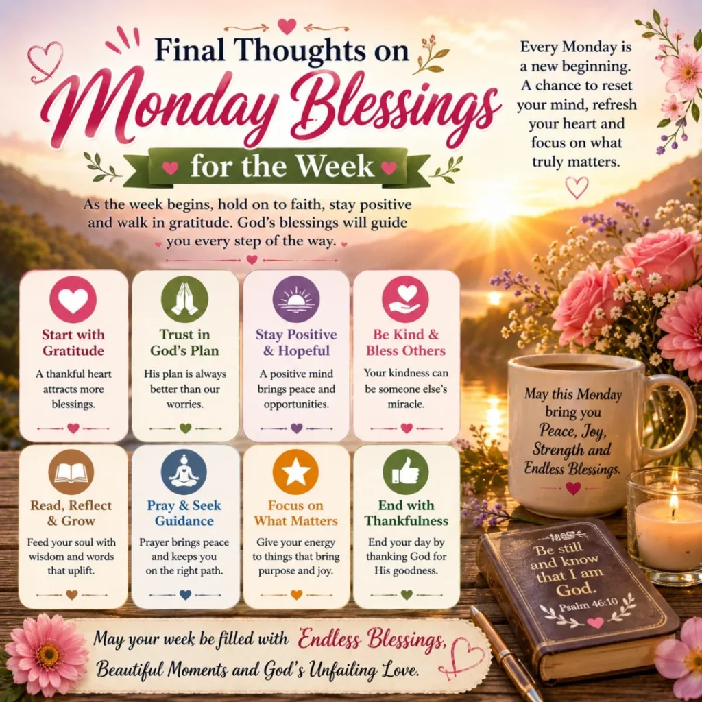Final thoughts on Monday blessings for the week with peaceful sunrise, flowers, coffee mug, and spiritual quotes