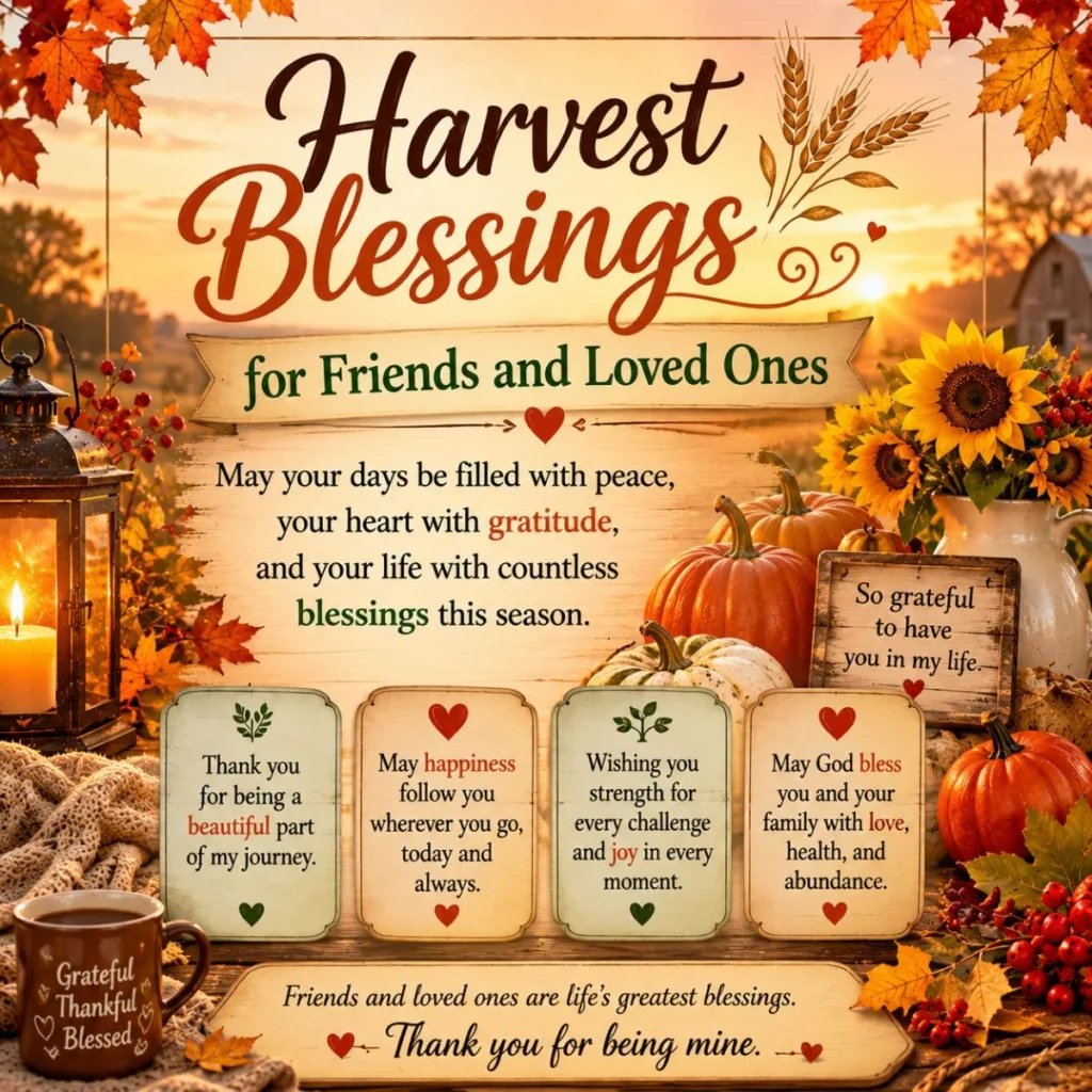Harvest blessings for friends and loved ones with pumpkins, sunflowers, candles, and heartfelt autumn messages