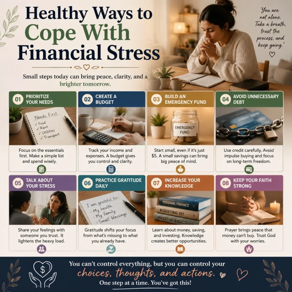 Healthy ways to cope with financial stress through prayer, budgeting, gratitude, and emotional support infographic