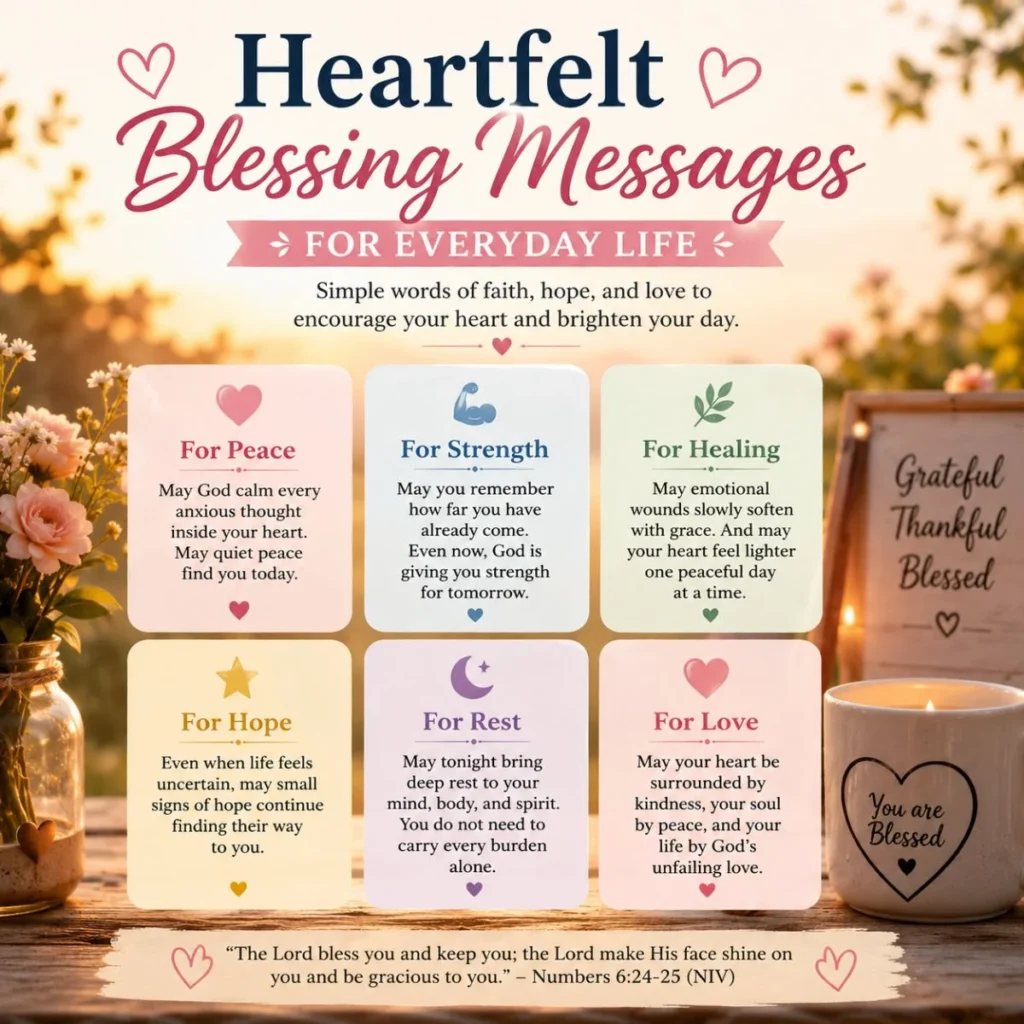 Heartfelt blessing messages with peaceful flowers, warm light, and comforting spiritual inspiration