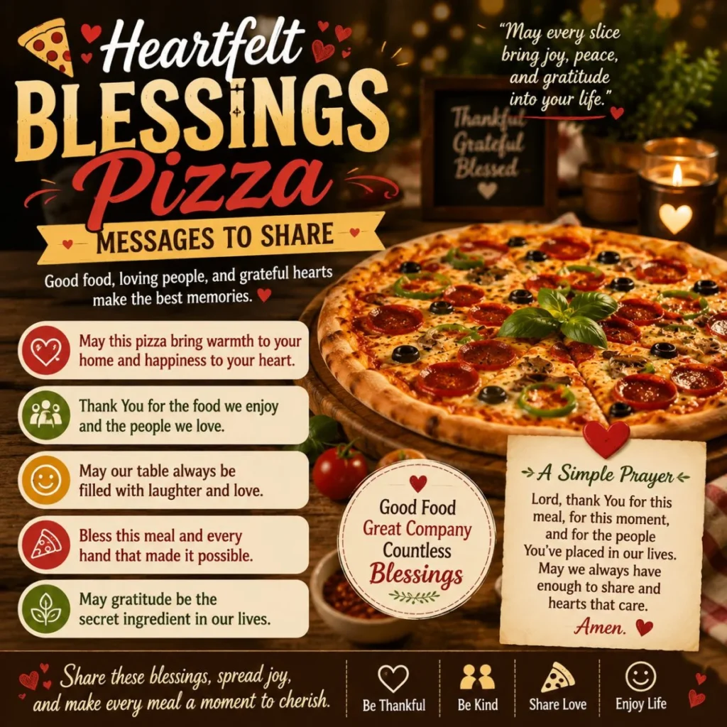 Heartfelt blessings pizza messages image with cozy pizza dinner, warm lights, and inspiring gratitude quotes