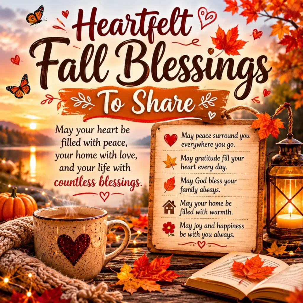 Heartfelt fall blessings image with autumn leaves, cozy candles, pumpkins, and warm seasonal decor