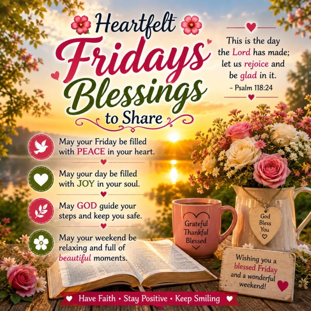 Heartfelt Fridays blessings image with sunrise, Bible, flowers, and peaceful quotes for hope, joy, and faith