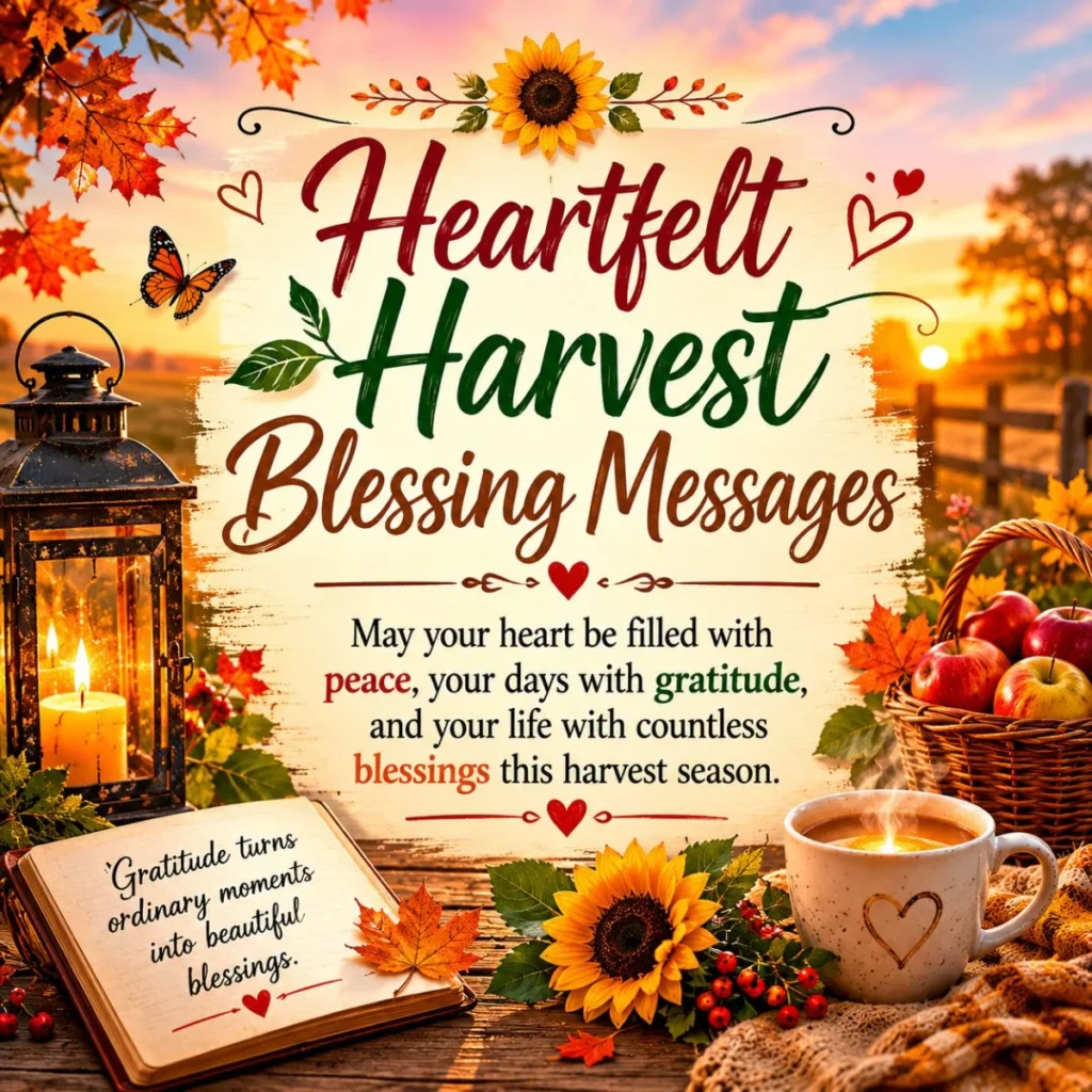 Heartfelt harvest blessing messages with autumn leaves, pumpkins, sunflowers, and warm gratitude quotes