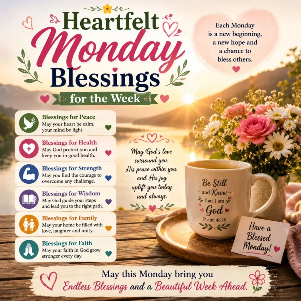 Heartfelt Monday blessings for the week with sunrise, flowers, coffee mug, and inspirational spiritual quotes