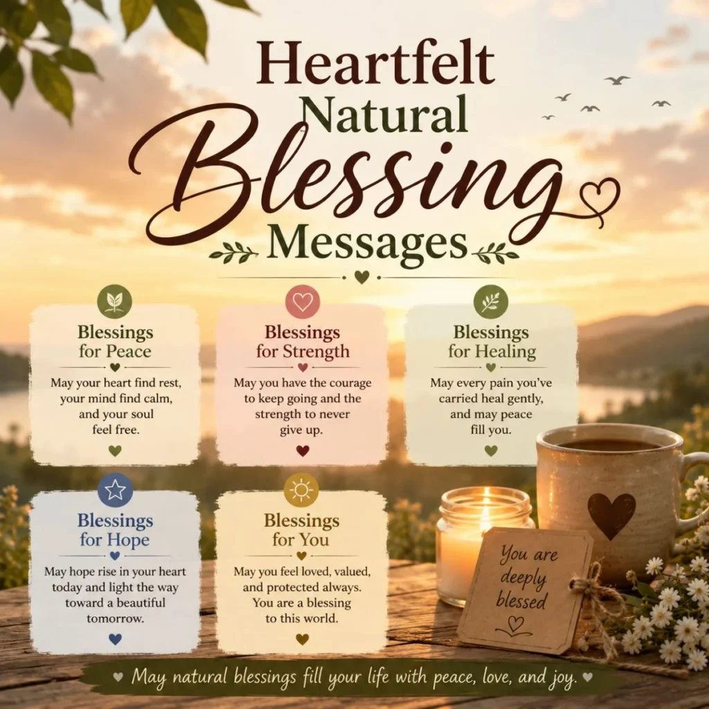 Heartfelt natural blessing messages with peaceful flowers, warm light, and inspirational spiritual quotes
