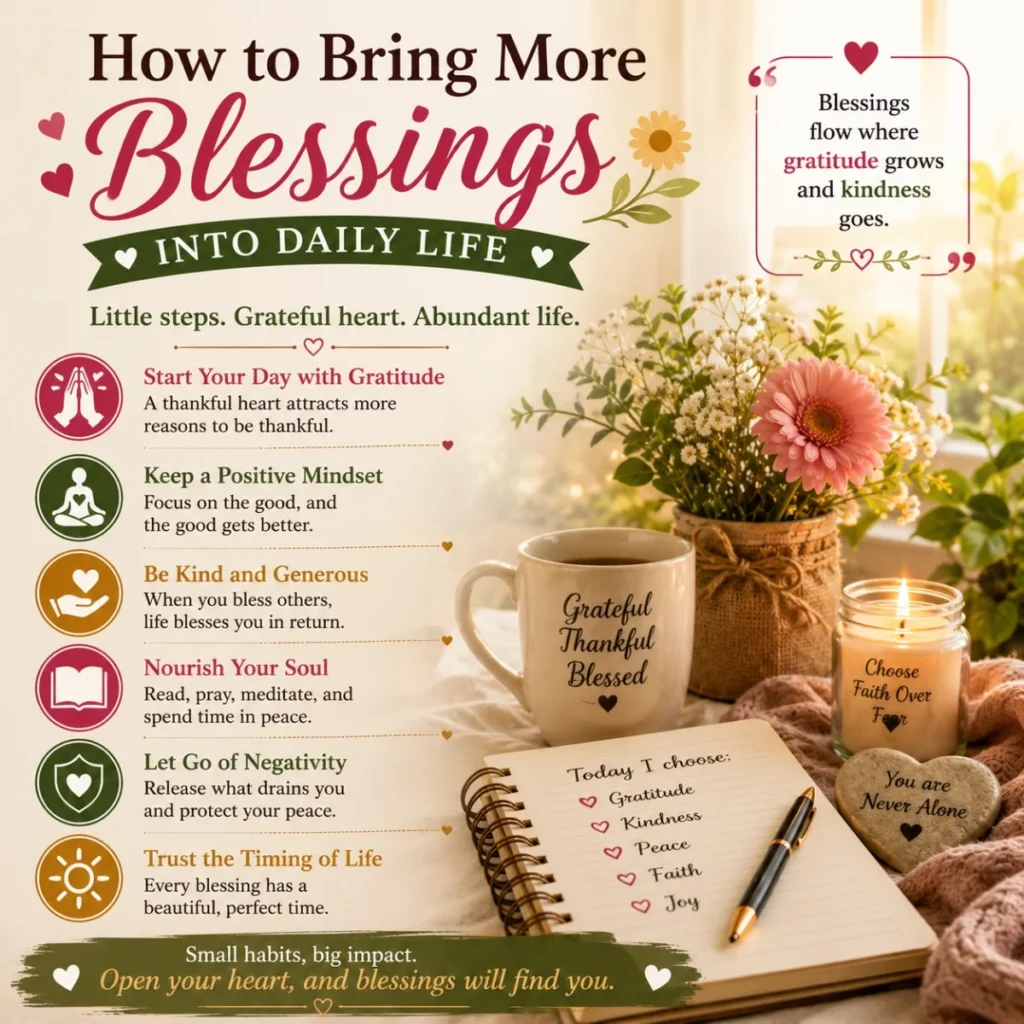 Cozy gratitude journal and flowers with tips for bringing more blessings into daily life and peaceful living