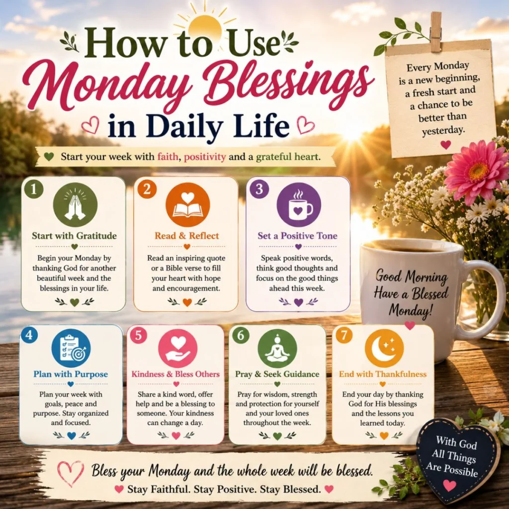 How to use Monday blessings in daily life with inspirational sunrise, coffee mug, and positive spiritual habits