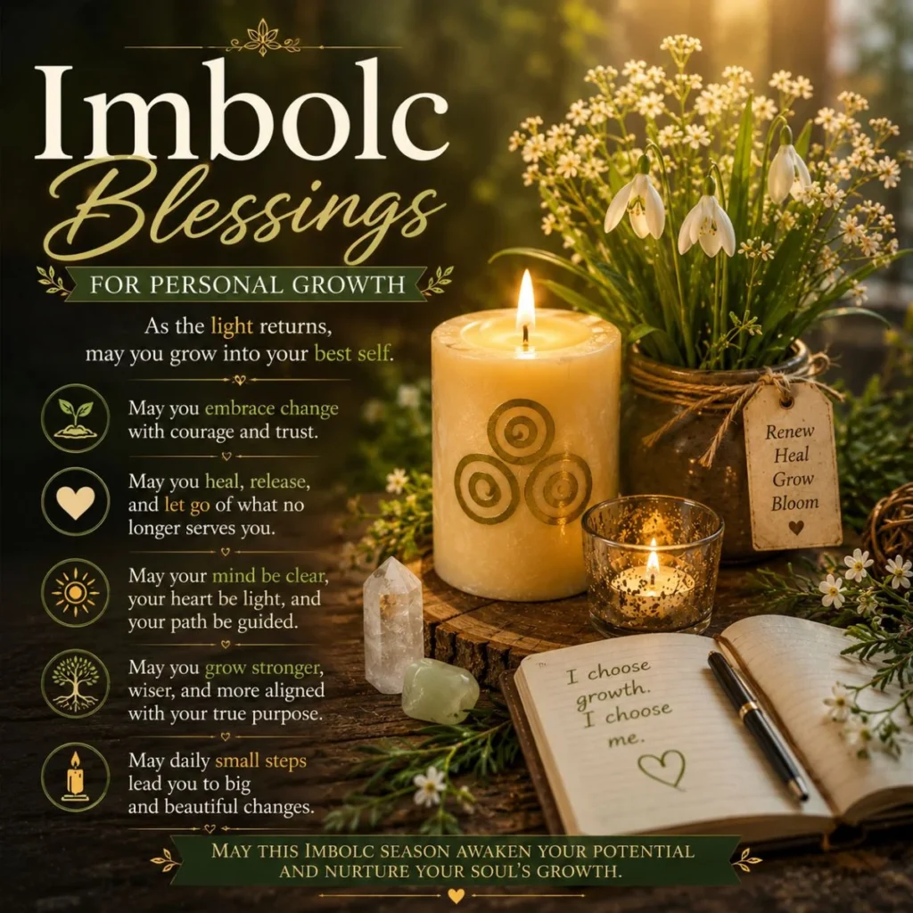 Imbolc blessings for personal growth with candlelight, spring flowers, and spiritual symbols of renewal