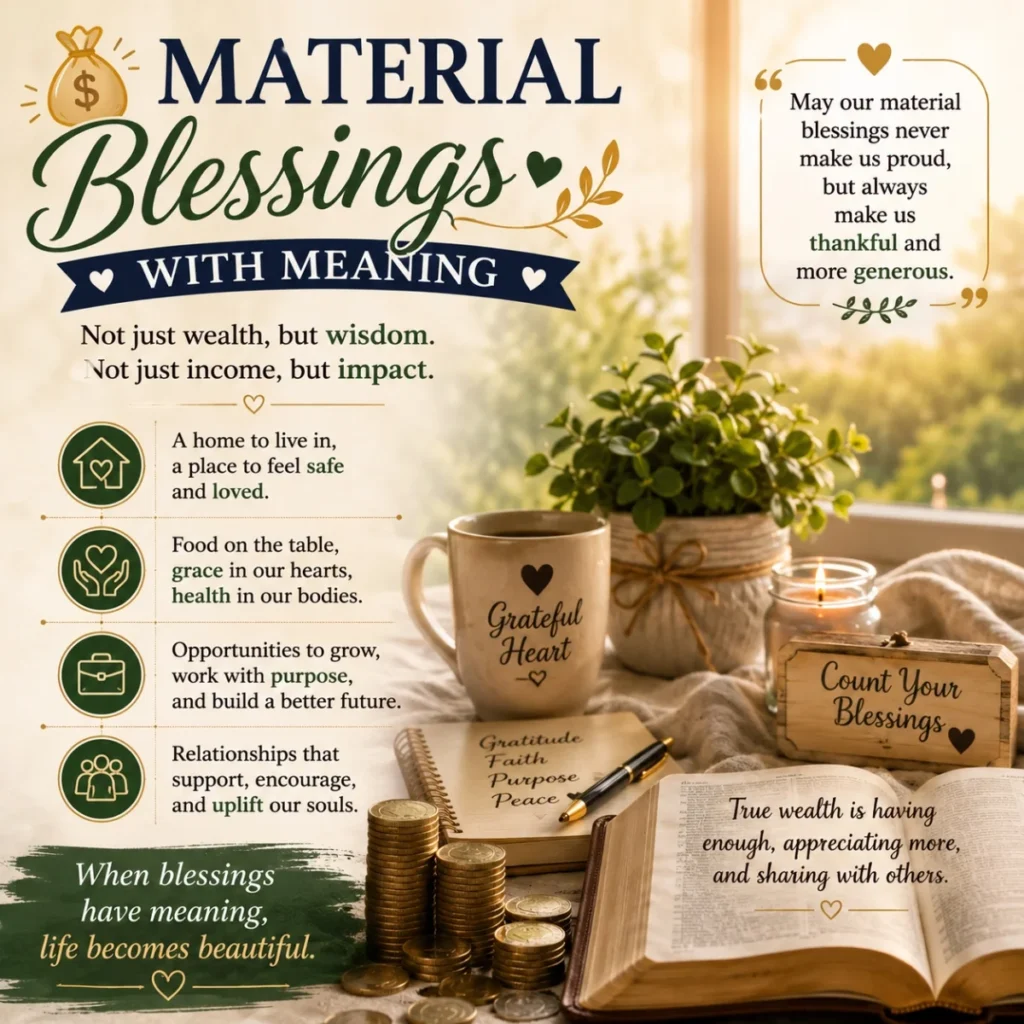 Material blessings with meaning quote beside cozy home decor, gratitude journal, coins, and peaceful sunlight