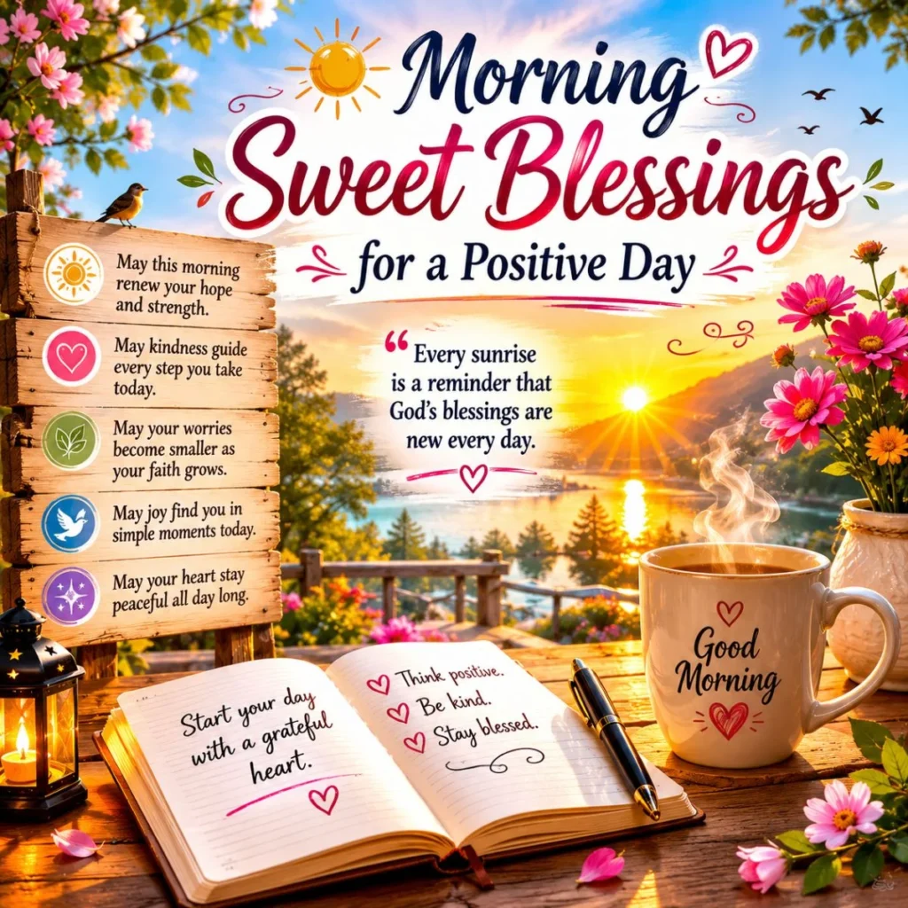 Morning sweet blessings image with sunrise, coffee mug, flowers, and positive inspirational quotes