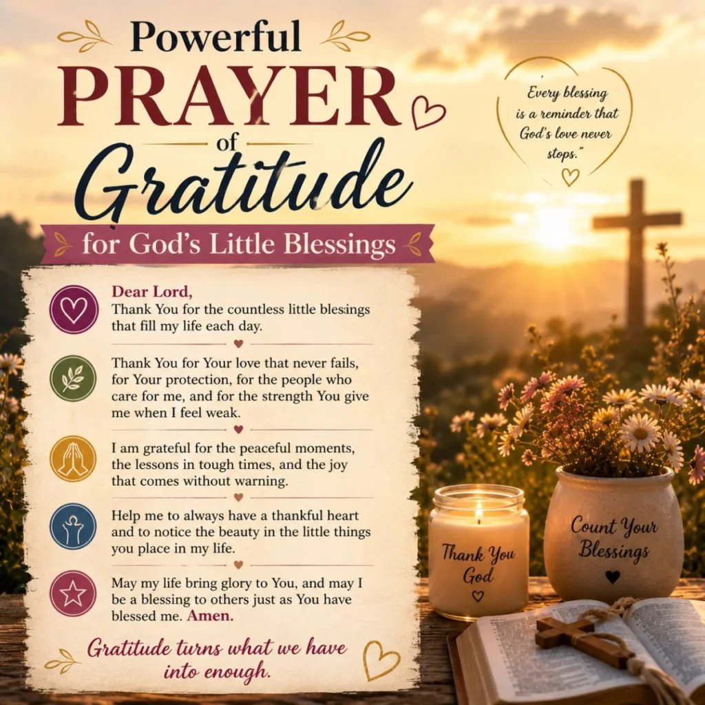 Powerful gratitude prayer with cross, candle, Bible, and peaceful sunset blessing scene