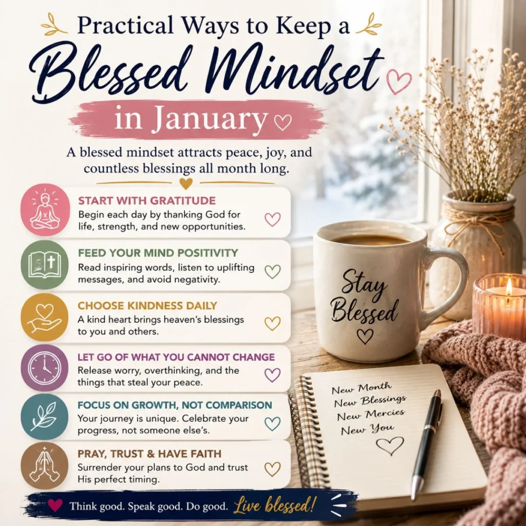 Practical ways to keep a blessed mindset in January with cozy coffee, gratitude tips, and peaceful winter decor