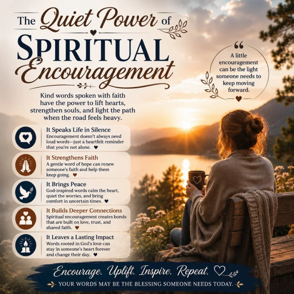 Quiet power of spiritual encouragement with peaceful sunset lake and inspirational faith message
