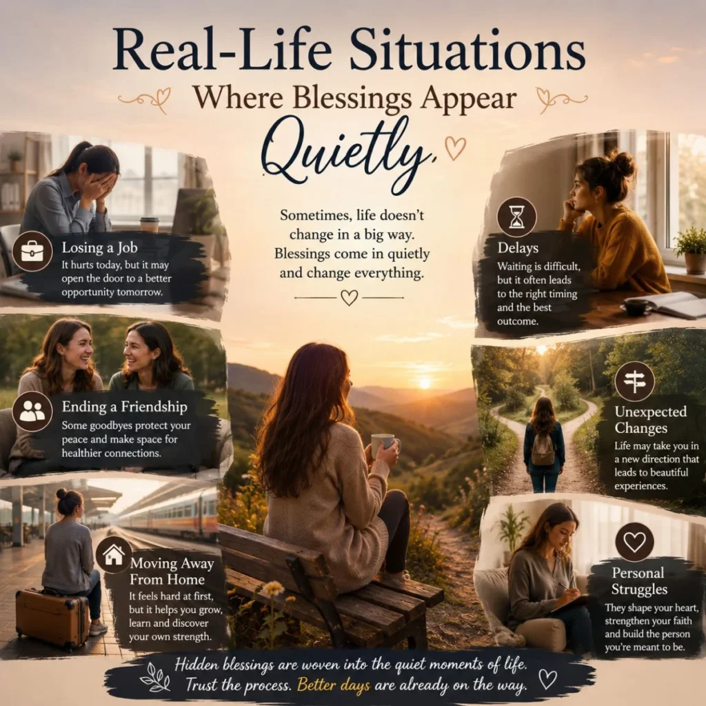 Real-life blessings in disguise illustration showing healing through job loss, change, friendship endings, and growth